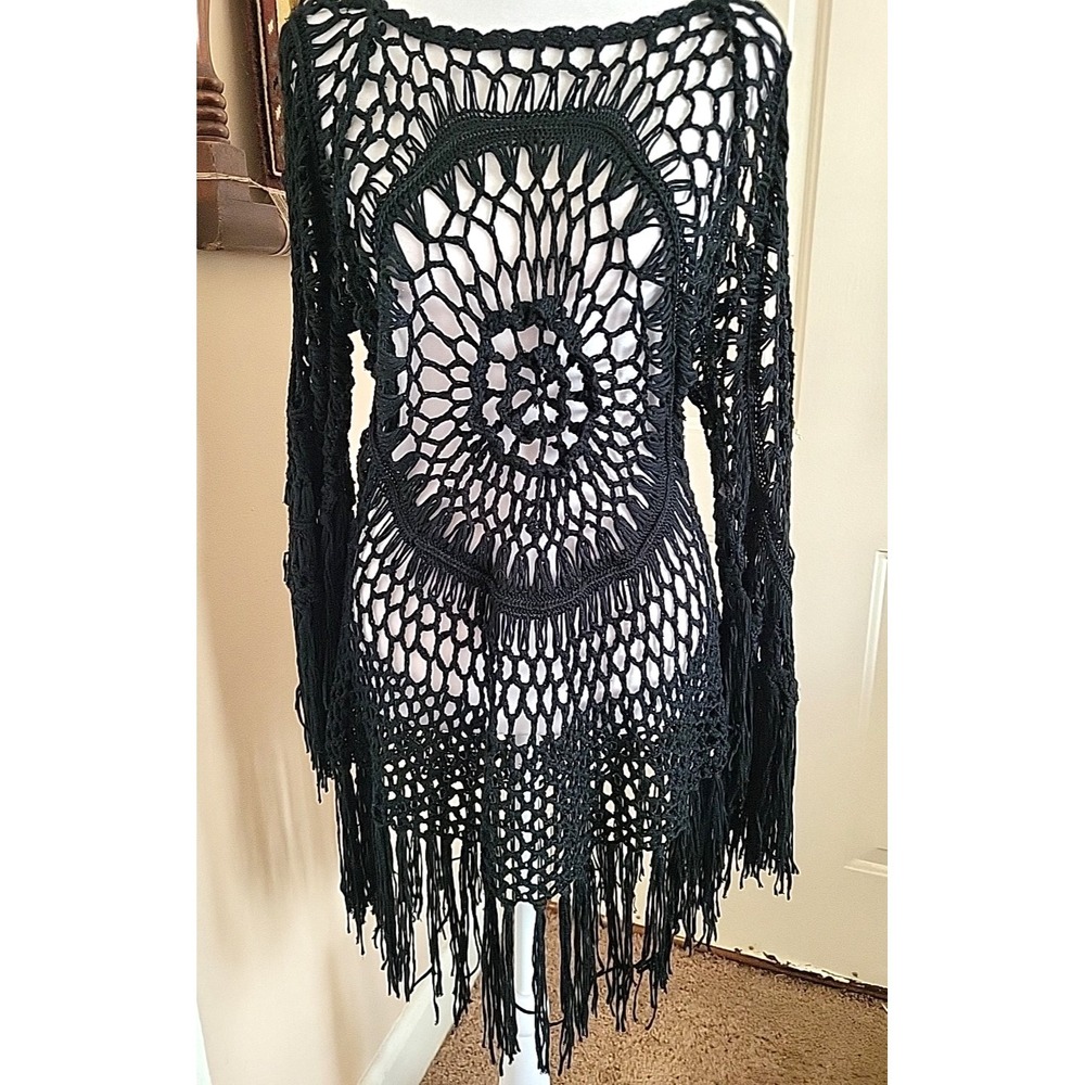 Vintage Black Crochet Tassel Beach Cover Up Top Women's M Witchy Whimsygoth